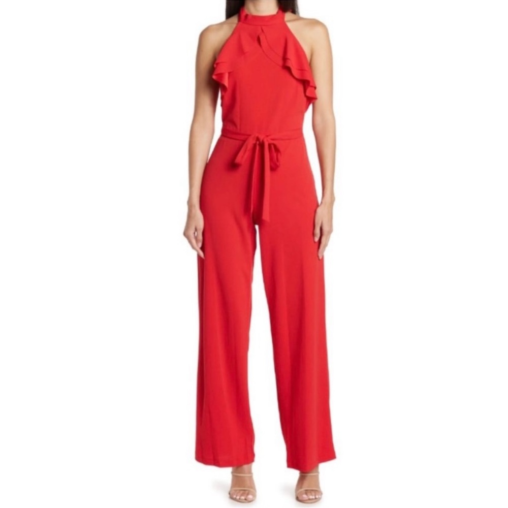 Bebe Double Ruffle Halter Neck Jumpsuit In Red Size 10 - New With Tag - Reemoly